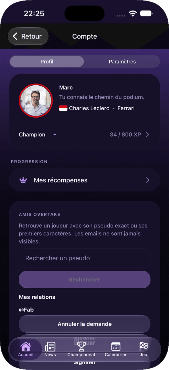 Profil, progression et amis