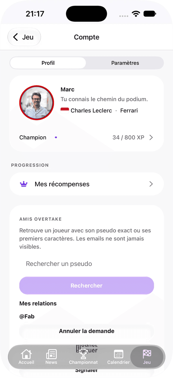 Profil, progression et amis