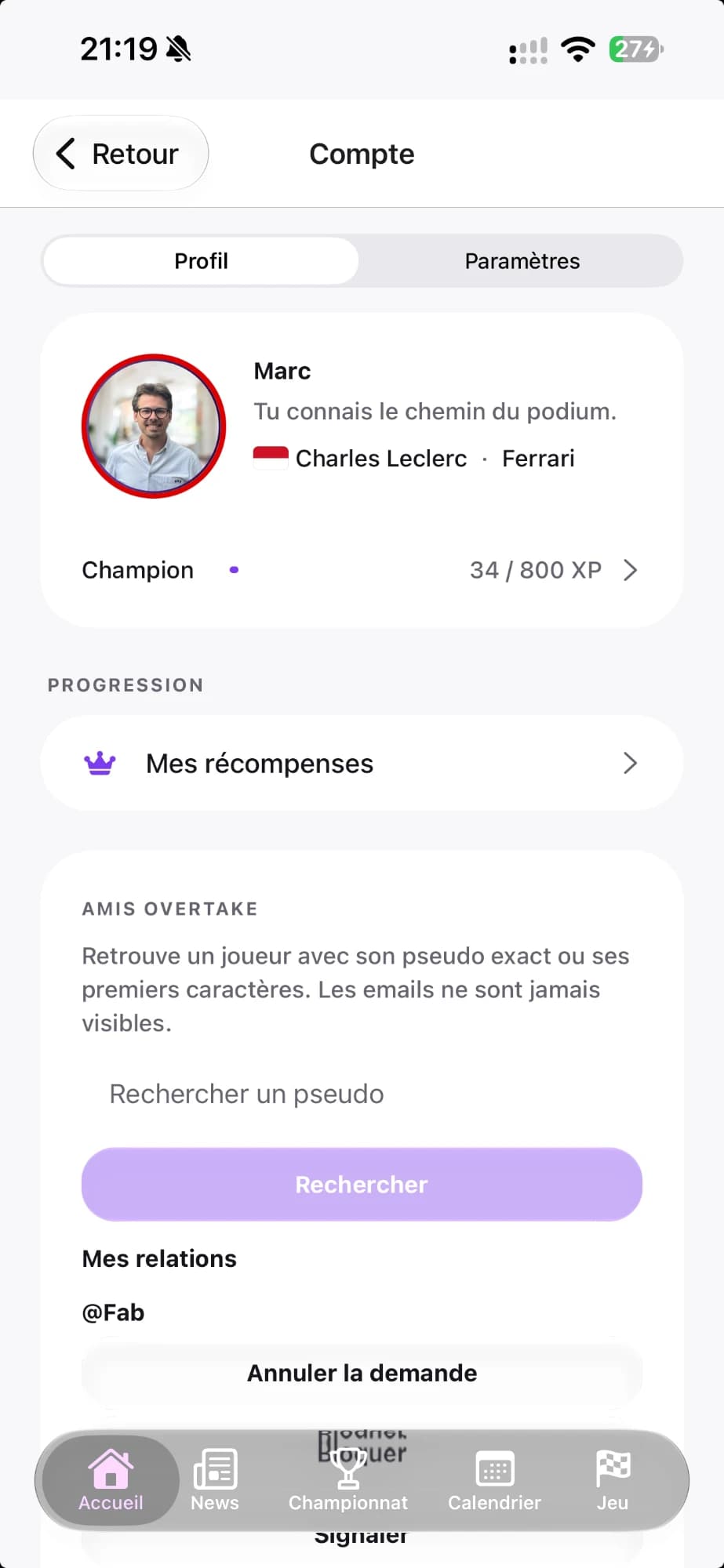Profil, progression et amis