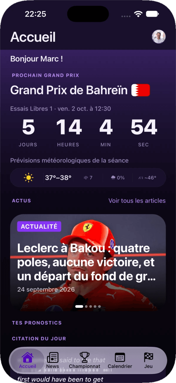 Accueil avec compte à rebours du prochain Grand Prix