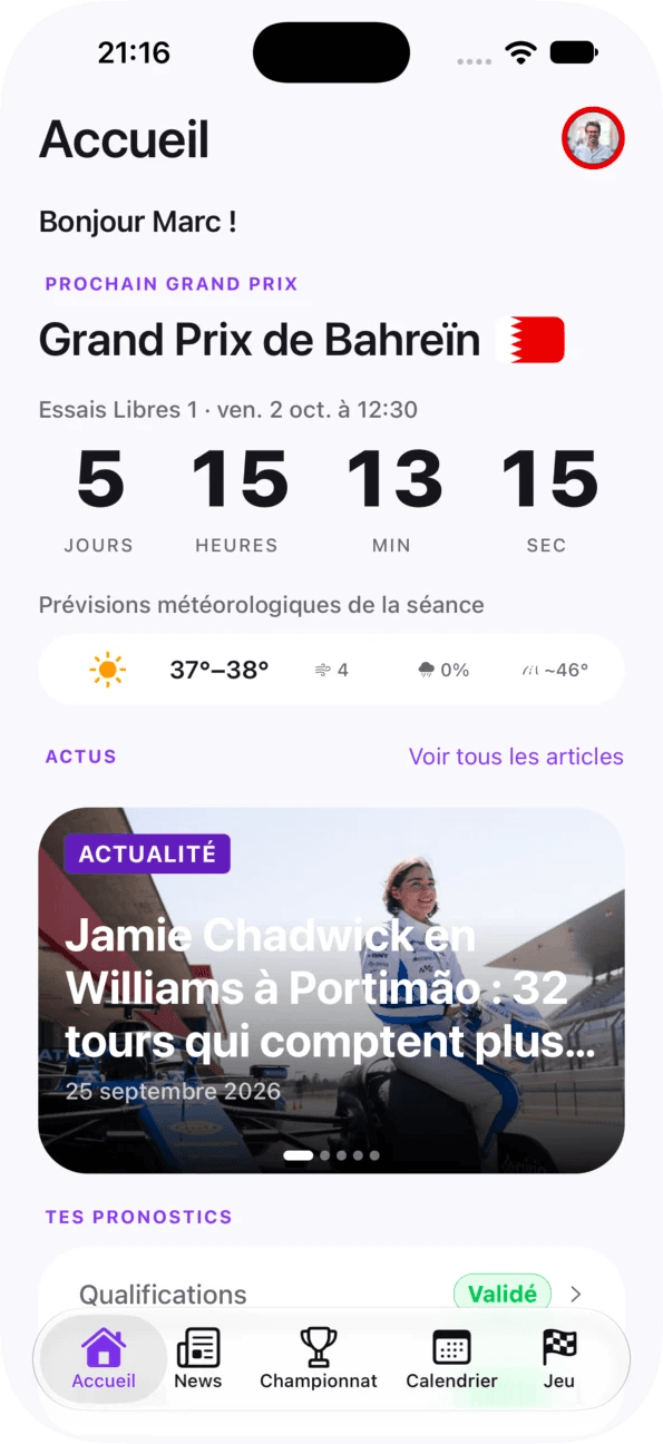 Accueil avec compte à rebours du prochain Grand Prix